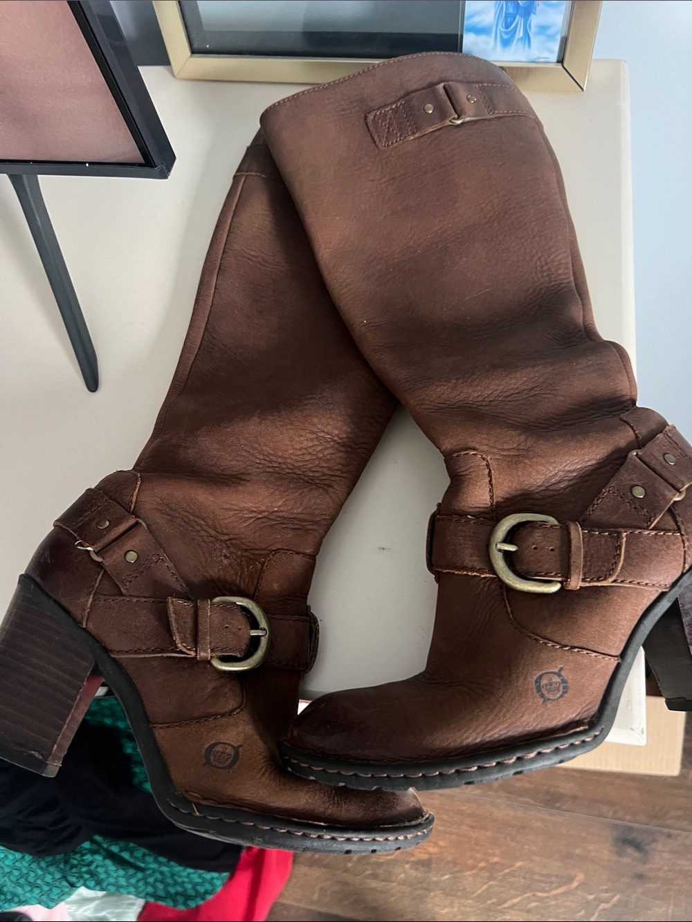 Born Brown Leather Buckle Mid-Calf Heeled Boots
